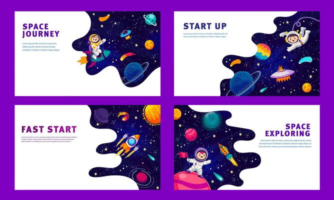 Cartoon space posters with kid astronaut on rocket
