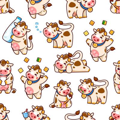 Cartoon cute cow characters in pattern background