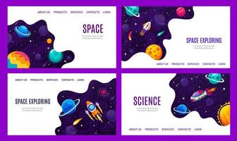 Galaxy space landing pages, rockets and planets vector