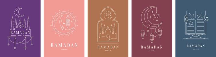 Ramadán kareem saludo tarjetas, Corán libro, mezquita vector