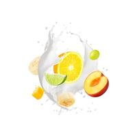 Yogurt drink splash, milk swirl and tropical fruit vector