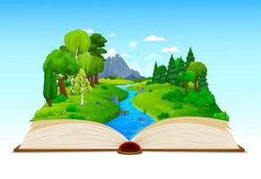 Cartoon opened book with lake river, pond, forest vector