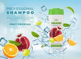 Realistic fruit cosmetics, shampoo bottle and ice vector