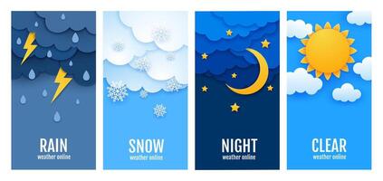 Weather paper cut banners, rain, sun, snow, clouds vector