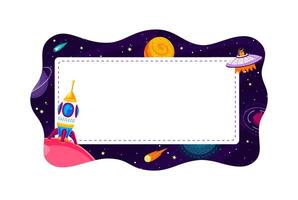 Cartoon galaxy space kid frame with ufo and rocket vector