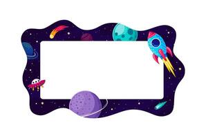 Cartoon galaxy space kid frame, border with rocket vector