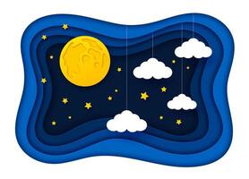 Paper cut night moon sky, stars, clouds background vector