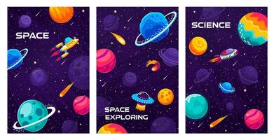 Space landscape posters with spaceship in galaxy vector