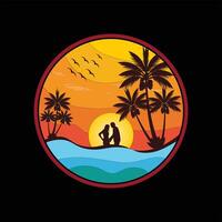 A couple on a surfboard at sunset with palm trees. vector