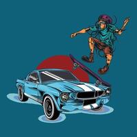 A man is doing a trick on a skateboard and a car. vector