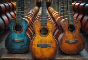 ai generado algunos acústico guitarras en filas a un música almacenar. un colección de guitarras forrado arriba en un ordenado manera, exhibiendo varios colores y estilos. foto