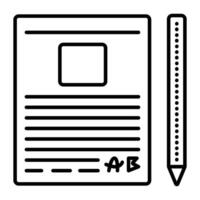 Document template and pen, black line vector icon, pictogram of a paper form with place for a photo, conditional text and signature