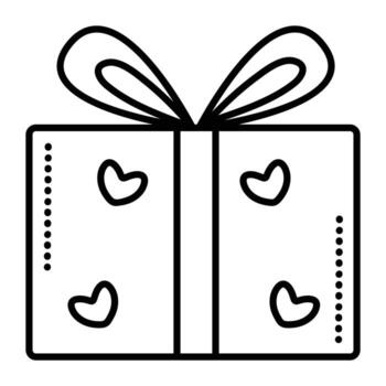 cerrado regalo caja con corazones y arco, negro línea vector icono de paquete o empaquetar con cinta, papel paquete pictograma