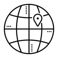 Worldwide shipping, black line vector icon, pictogram of a globe and destination