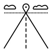 Delivery way, road, skyline and destination, black line vector icon of route and location