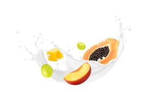 Yogurt drink, milk wave splash with tropical fruit vector