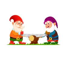 Cartoon gnome or dwarf happy characters saw a log vector