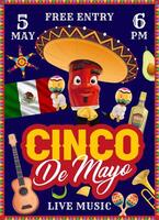 Cinco De Mayo Mexican holiday party flyer, pepper vector