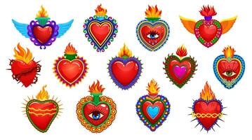 Mexican sacred hearts tattoos or symbols with fire vector