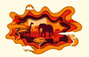 Africa paper cut landscape with animals at sunset vector