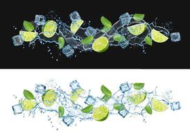 Realistic mojito wave with splash, lime, ice cubes vector