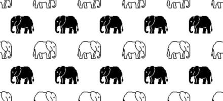 black white pixel art elephant seamless pattern vector