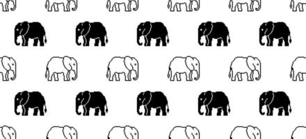 black white pixel art elephant seamless pattern vector