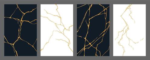 Golden kintsugi crack, marble tile texture pattern vector