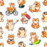 Cartoon Shiba Inu dog characters seamless pattern vector