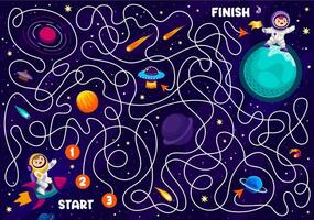 Space labyrinth maze game. Help to kid astronaut f vector