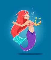 Cartoon cute mermaid girl character with lyre vector
