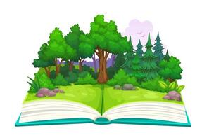 abrió libro con verde bosque prado y arboles vector