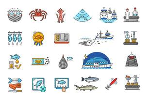 Fishing industry line icons, fishery boat, fishes vector