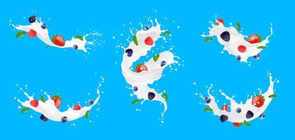 Yoghurt drink, milk swirl, berries in wave splash vector