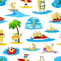 Cartoon pasta characters on beach seamless pattern vector