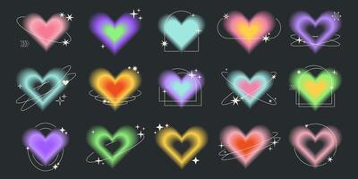 Y2k aesthetic blurred gradient aura hearts with linear circles, stars. Trendy set of modern blurry figures in brutalism style. Romantic transparent heart elements for social media background vector