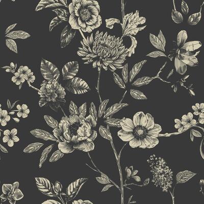 Abstract modern floral seamless pattern with hand drawn flower in Toile de jouy style. Retro elegance repeat print. Vintage design for fabric, wallpaper or wrapping