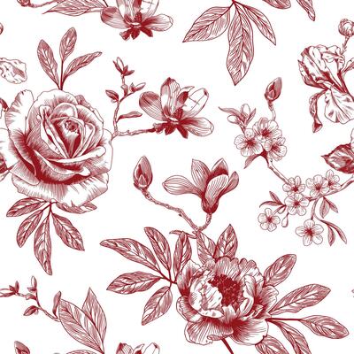 Abstract modern floral seamless pattern with hand drawn flower in Toile de jouy style. Retro elegance repeat print. Vintage design for fabric, wallpaper or wrapping