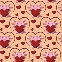 Seamless pattern with Cute cartoon Axolotl with heart vector