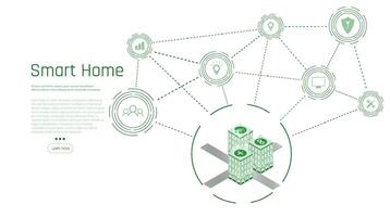 bandera de inteligente hogar tecnología. el edificio consiste de números y es conectado por íconos de casa inteligente dispositivos. inteligente hogar administración sistema. vector