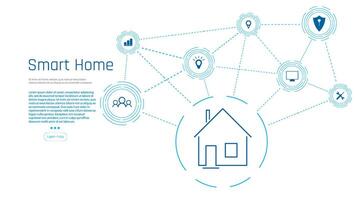 Banner of Smart Home technology. The building consists of numbers and is connected by icons of household smart devices. Intelligent home management system. vector