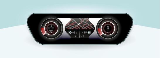 The concept car instrument panel, red backlight and a additional display settings of the car. Vector illustration.