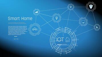 Banner of Smart Home technology. The building consists of numbers and is connected by icons of household smart devices. Intelligent home management system. vector