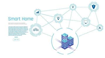 Banner of Smart Home technology. The building consists of numbers and is connected by icons of household smart devices. Intelligent home management system. vector