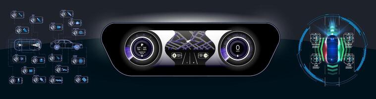 The concept car instrument panel, red backlight and a additional display settings of the car. Vector illustration.