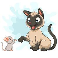 Cartoon siamese cat and little mouse playing together. vector