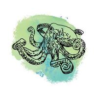Octopus graphics. Vector illustration with a blue spot on the background. Design element for cards, covers, nautical posters, banners, packaging, labels.