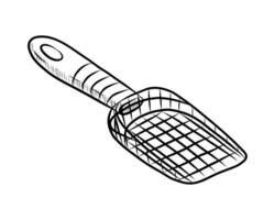 BLACK AND WHITE VECTOR DRAWING OF A DUSTPAN FOR CLEANING A TOILET TRAY FOR PETS