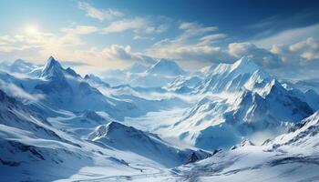 AI generated Majestic mountain peak, snow covered, tranquil scene, frozen beauty generated by AI photo