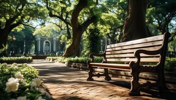 AI generated A tranquil scene old bench under tree, nature relaxation generated by AI photo